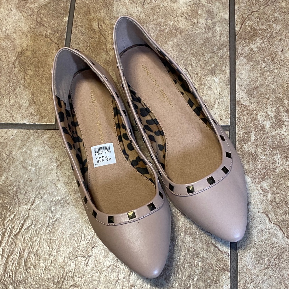 Christian Siriano Mauve Pointed-Toe 8.5 Ballet Flats with Gold Stud Accents